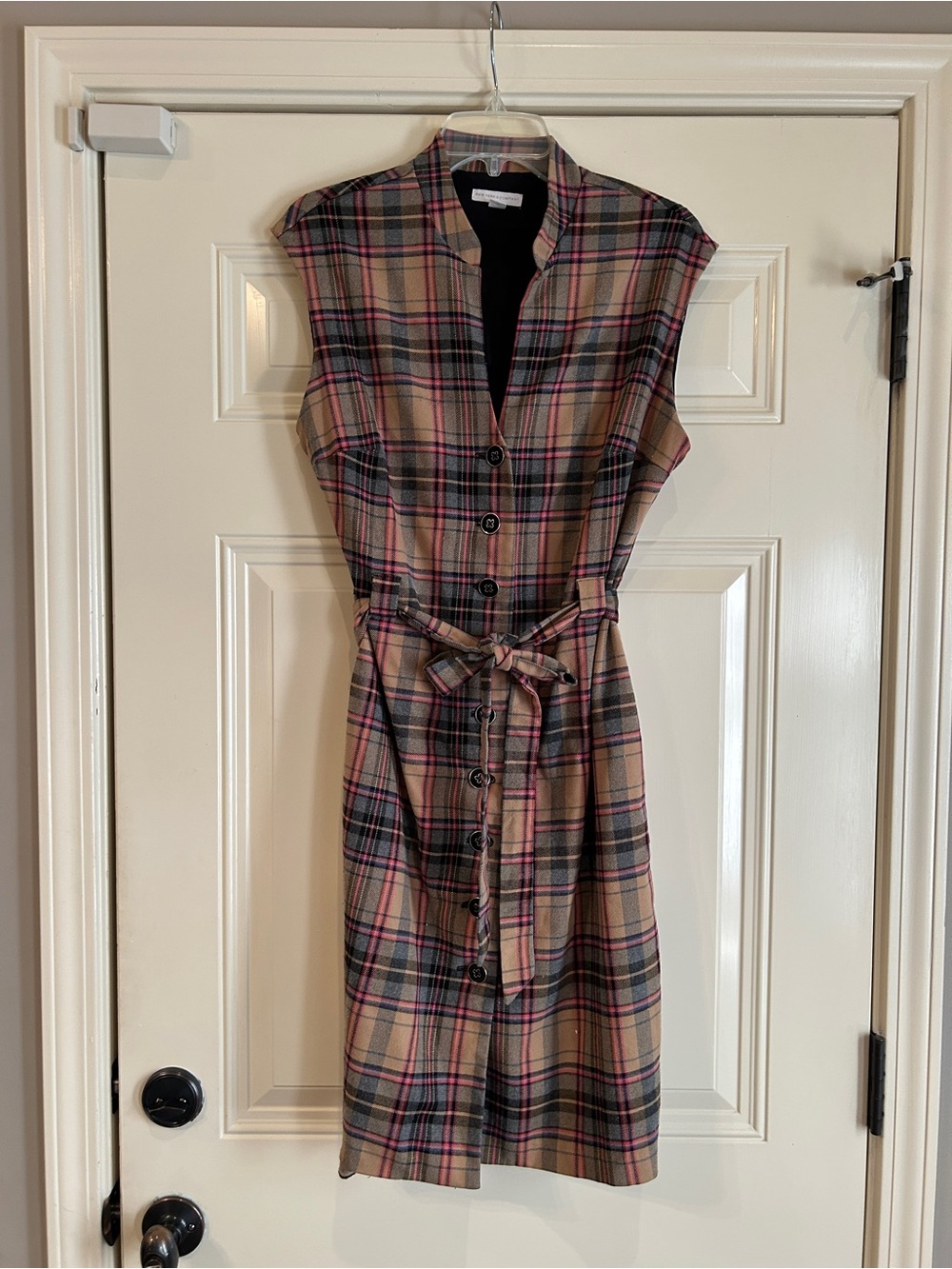 Vintage Sleeveless Plaid Button-Front Dress with Waist Tie - Beige Red Black